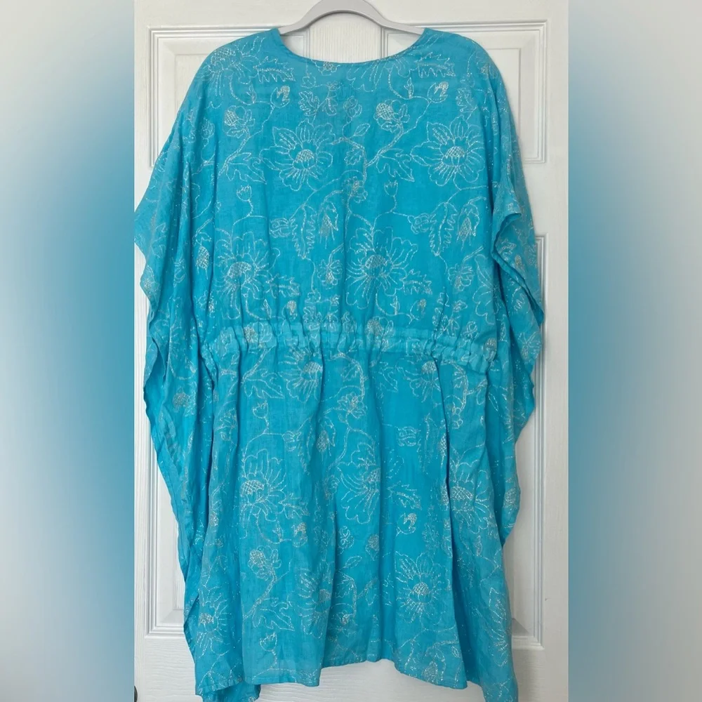 120% Lino Blue Linen Glitter Floral Tunic Dress Cover-Up Cinched Waist Tie S